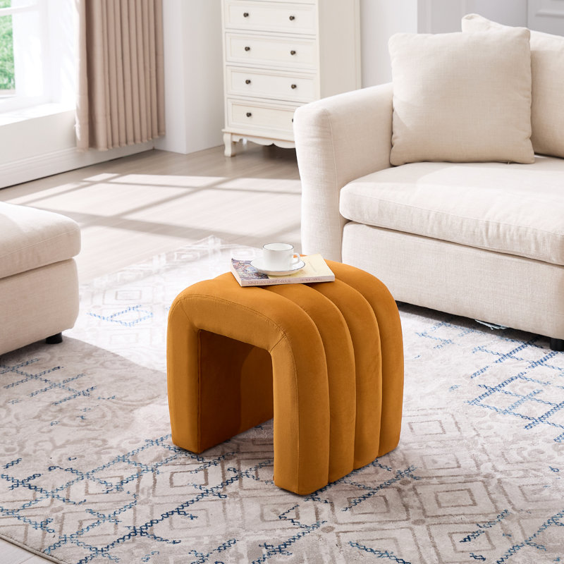 Rienna 19.3" W Channel Tufted Upholstered Ottoman, Orange Velvet
