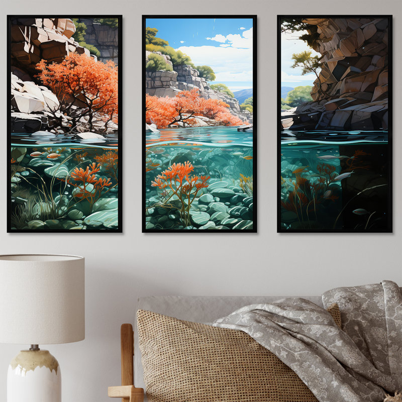 Ensemble de salon corail et anémone I - Coastal Coral Under Water, Cadre flottant noir, H 28 po x l 36 po x P 1 po