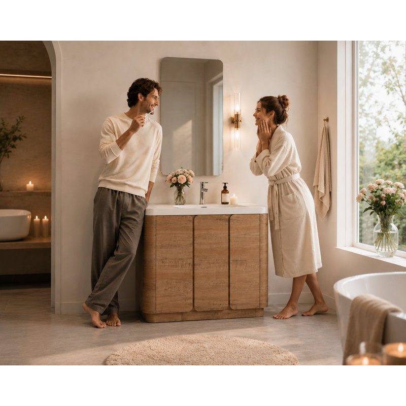 Meuble-lavabo autoportant Serene et ensemble lavabo en résine blanche avec portes à fermeture en douceur, 48"