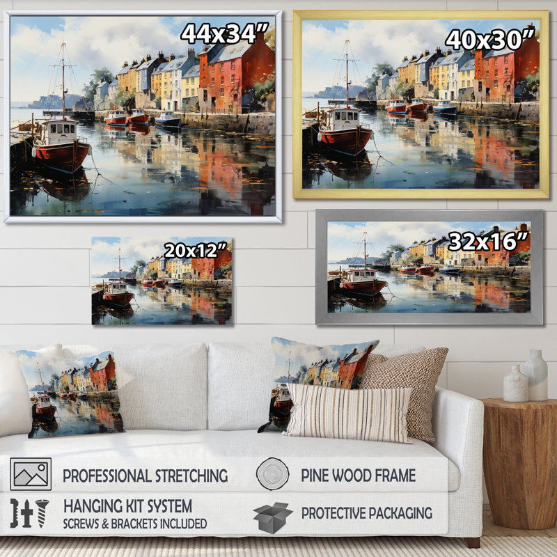 «Ireland Peaceful Harbor Villagean», art mural Irlande, Cadre flottant doré, H 34 po x l 44 po x P 1,5 po