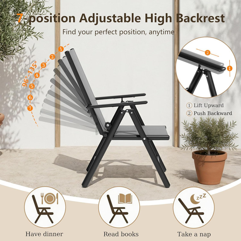 Foldable Outdoor Garden Dining Chairs, 7-Level Adjustable Reclining Backrest with Armrests, Grey