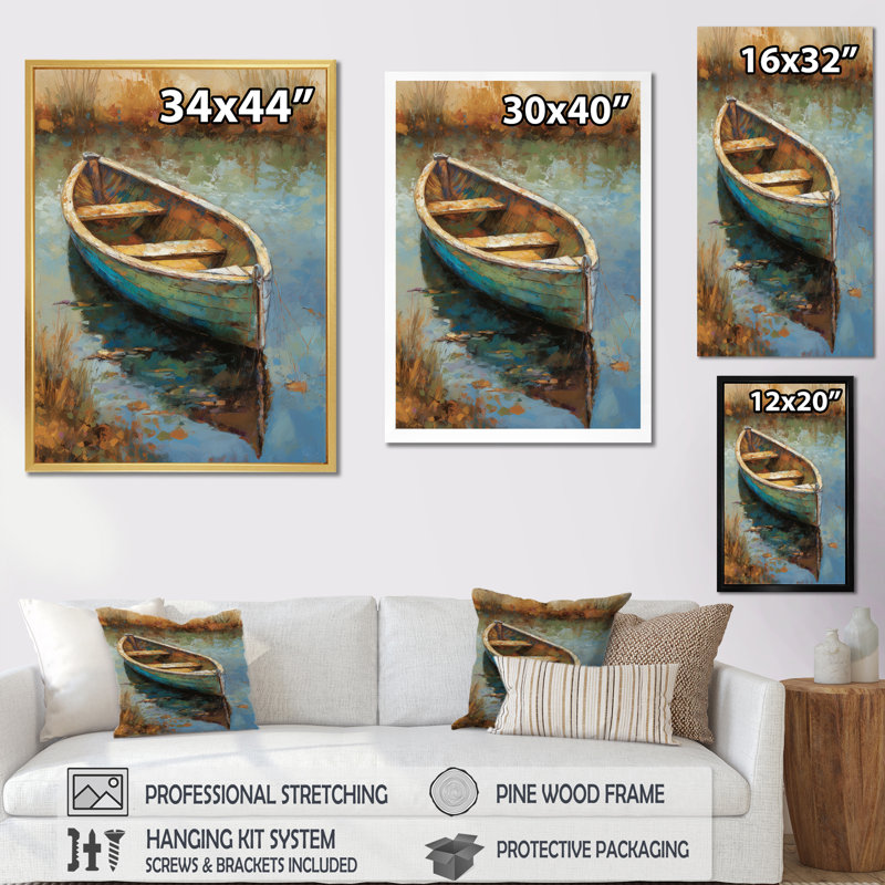 «Lake Serenity Dinghy Boat Resting On The Water I», art mural Lakehouse, Cadre simple noir, H 32 po x l 16 po x P 1 po