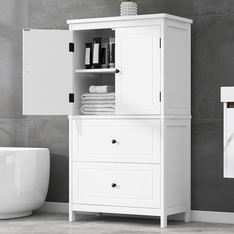 Armoire de rangement pour salle de bain, armoire avec deux portes et tiroirs, tablette réglable, Blanc