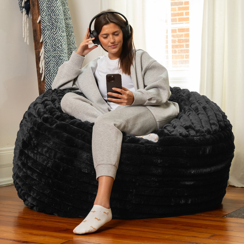 Saxx 4Ft - Large Round Bean Bag For Adults - Luxuriously Soft Plush Faux Fur, Black Faux Fur