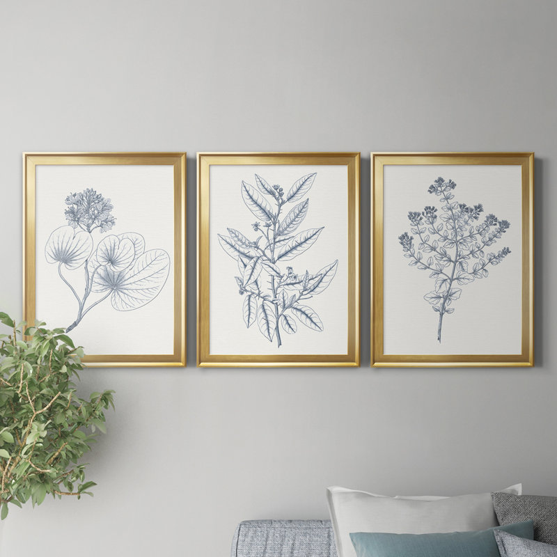 Indigo Botany Study IV - Ensemble de 3 peintures sur toile encadrées, Doré, H 22,5 po x l 91,5 po x P 1,5 po