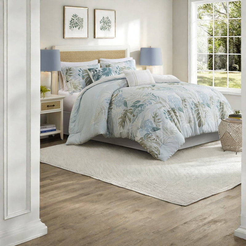 Oversized Cotton Bedding Set With Decorative Pillows, Coastal Blue Style