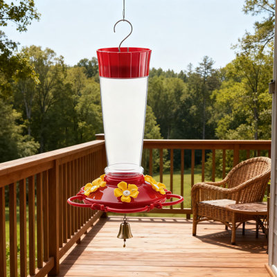 Mangeoire à colibri avec protection pour fourmis - Mangeoire en plastique étanche de 10 oz pour l'extérieur, 5 ports d'alimentation avec perchoir circulaire, bouche large pour faciliter le remplissage et le nettoyage
