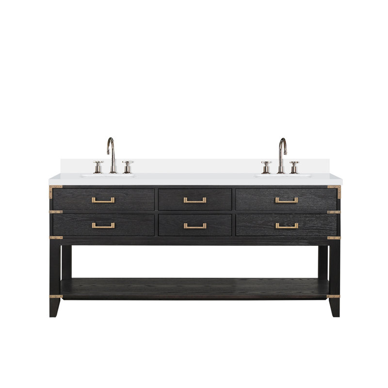 Ensemble de meuble-lavabo double avec plateau en marbre de culture et robinet, Noir, noir, noir, noir