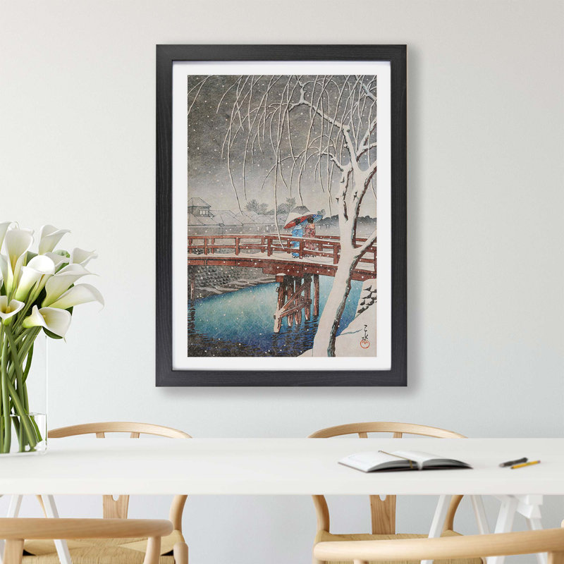 Two Crossing The Bridge by Hasui Kawase - Single Picture Frame Painting, 33cm H x 45cm W x 2cm D, Black