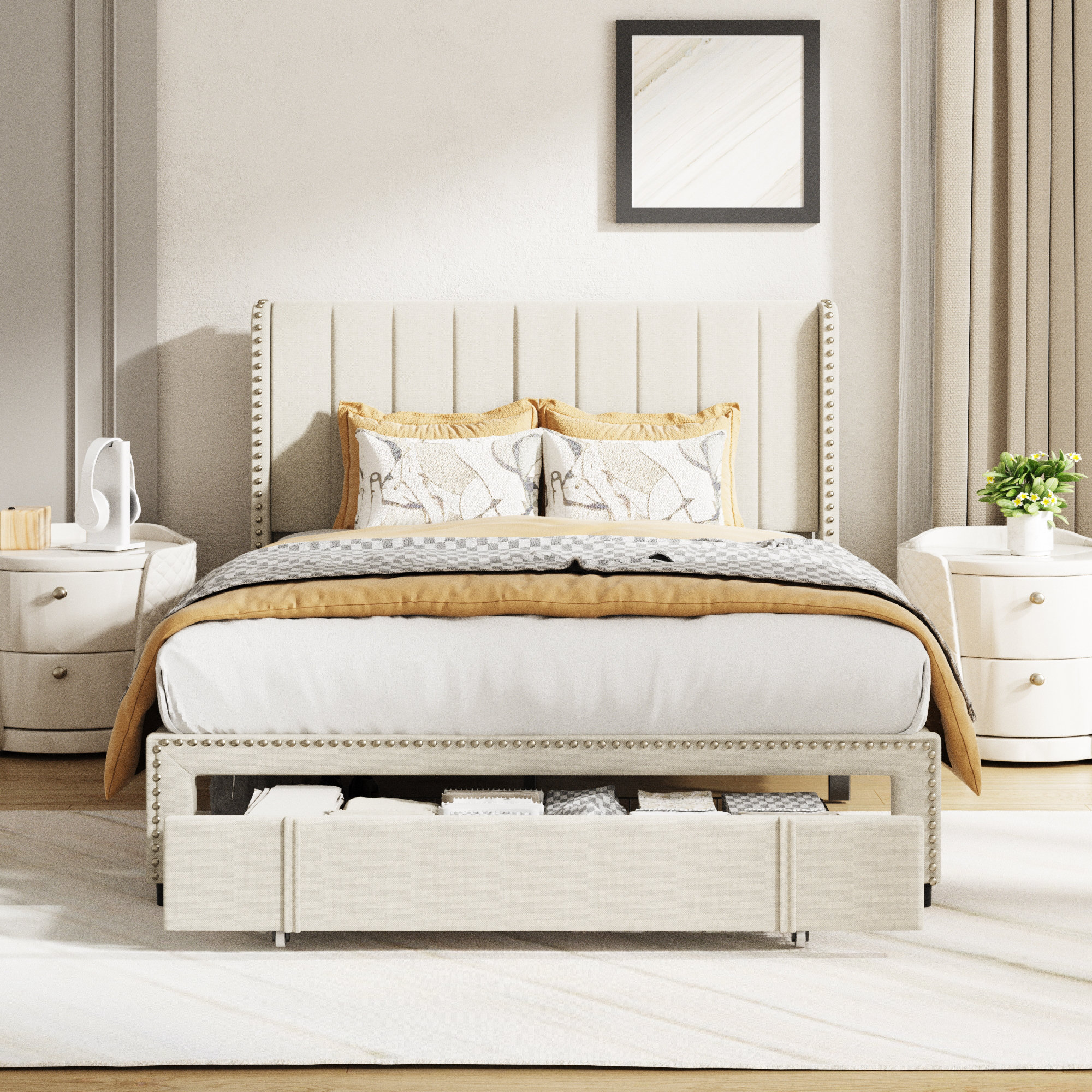 Ebern Designs Platform Linen Upholstery Bed Frame with Storage Drawers ...