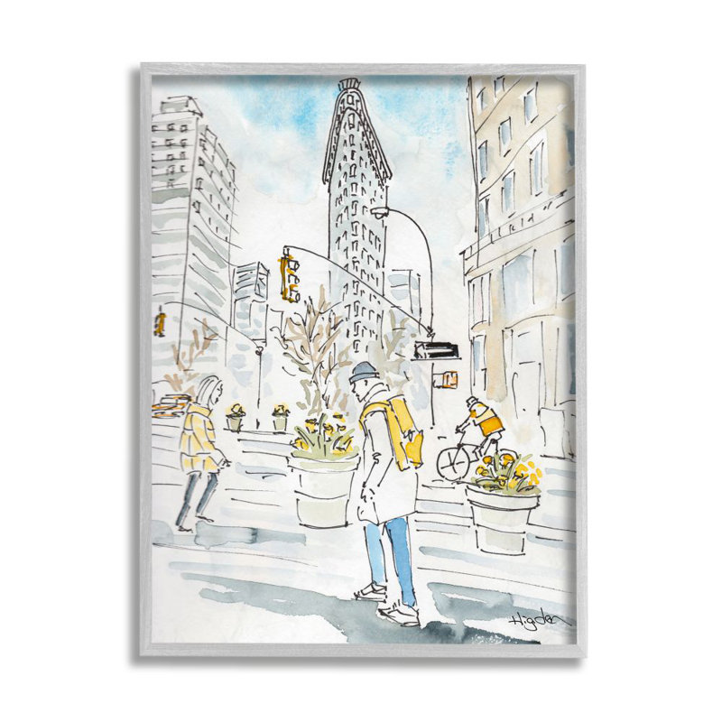 «City People Walking Urban Architecture Watercolor» par Mark Higden - impression d'art graphique, Estampe numérique Farmhouse