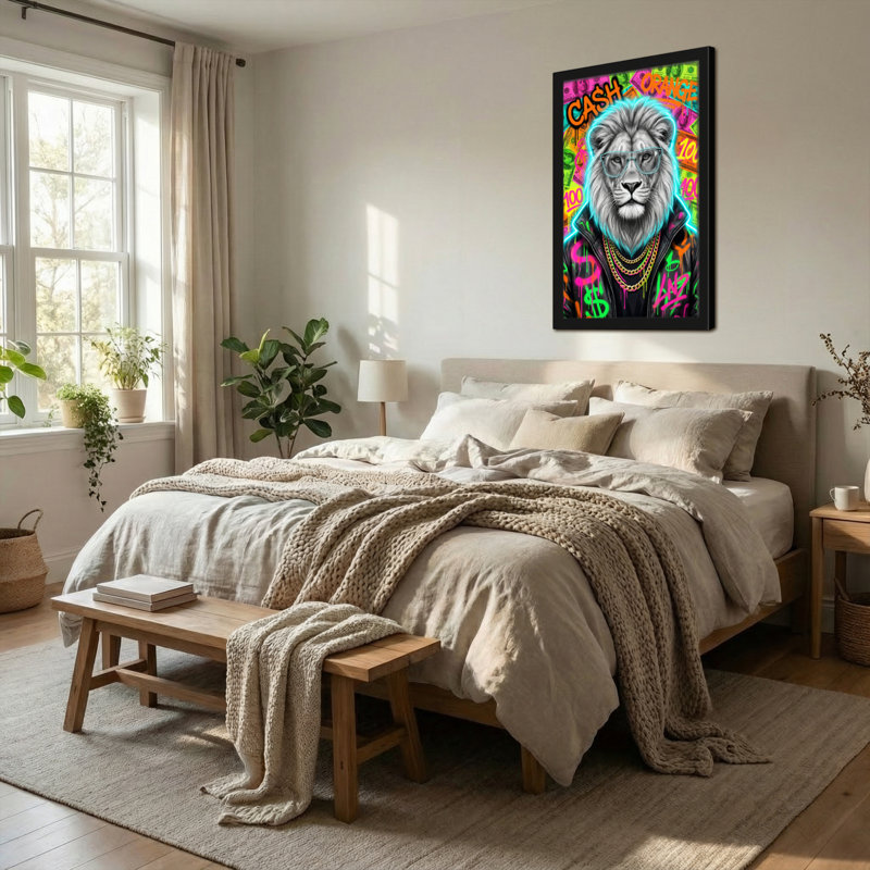 Animaux, lion, lunettes, argent, style art graffiti, H 36 po x l 24 po