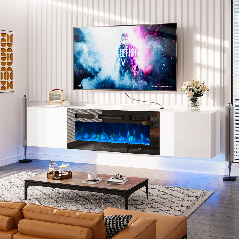 80" Floating Fireplace TV Stand For Tvs Up To 90", Wall Mounted Media Console With LED Lights, White/Black