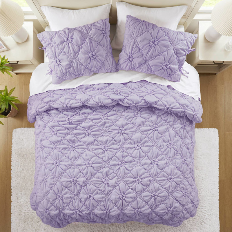 Très grand édredon floral mauve avec accents de cravate et broderie décontractée, confort en nuage, utilisation en toutes saisons, lavable à la machine 3 pièces, franges élastiques, douceur, confort,