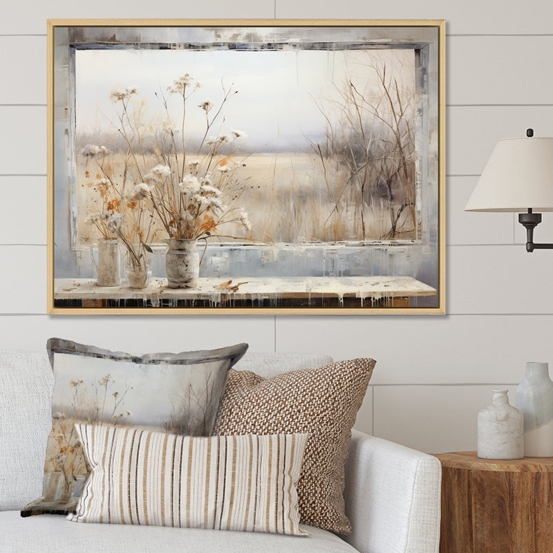«Winter Meadow View calmness III», art mural prairie pour le salon, Cadre flottant blanc, H 44 po x l 34 po x P 1,5 po
