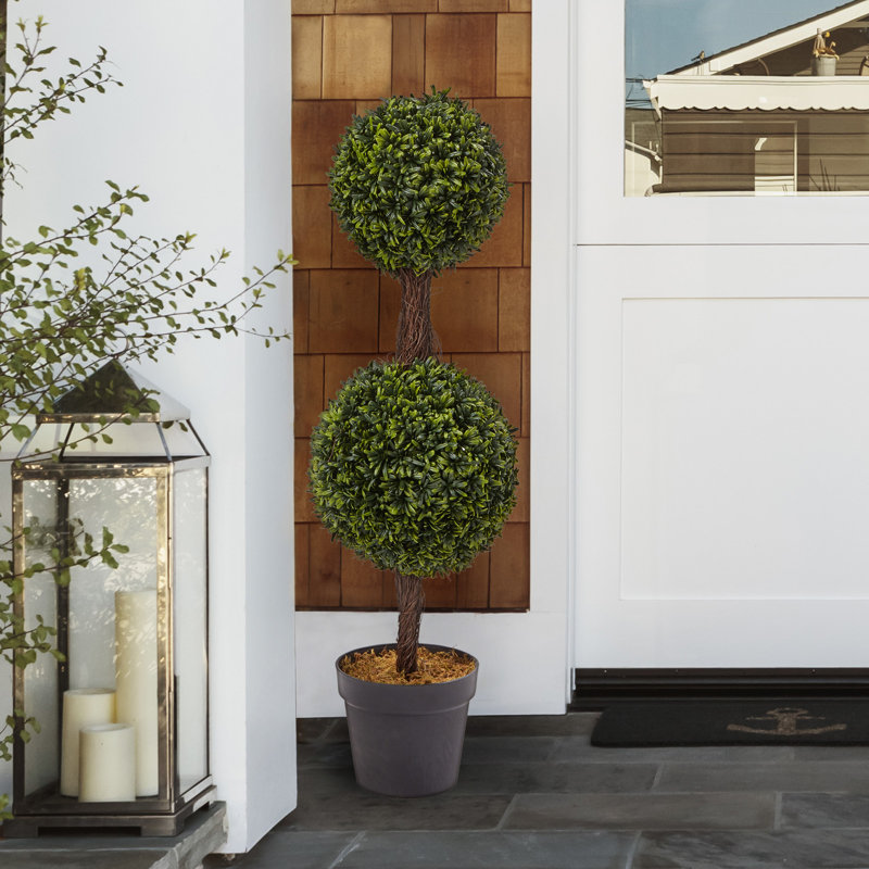 Pure Garden Artificial Topiary Tree - 36-Inch Double Ball Podocarpus Fake Plant - Realistic Indoor or Outdoor Potted Faux Plants for Home Decor