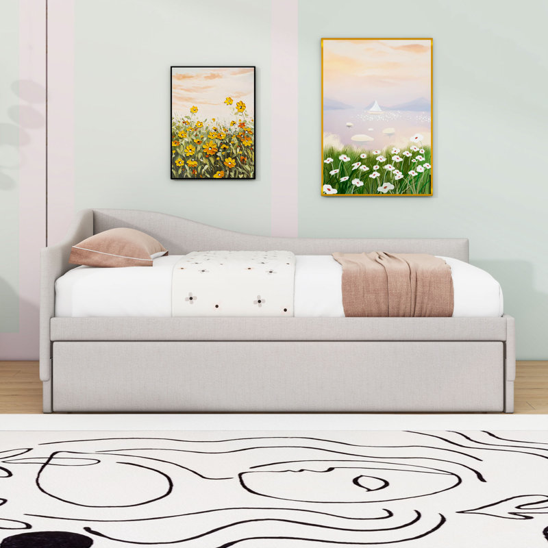 Twin L-Shaped Upholstered Daybed with Trundle, Beige