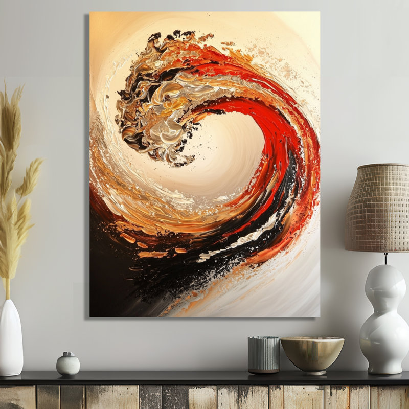 Golden and Red Coastal Waves I - décoration murale nautique en métal, impression métallique bord de mer