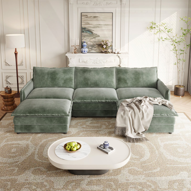 Oversized Deep Seat U Shaped Couch Set, Green Corduroy 