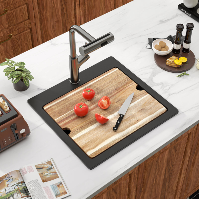 L 21 po x l 20 po Composite quartz encastré dans un évier de cuisine à simple cuve et station de travail, Black