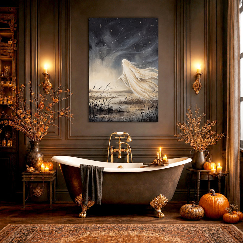 Fantôme éthéré flottant au-dessus d'un marais sous les étoiles - Toile murale d'Halloween, 40"H x 28"W