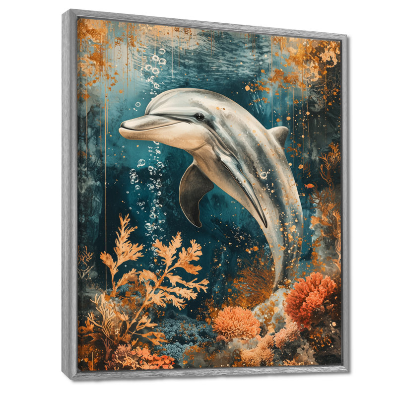 Azin, danse du dauphin au-dessus d'un corail III - art mural dauphin, Argent argent, Impression encadrée flottante