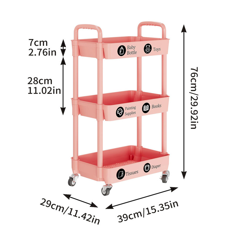 Kitchen Storage Cart,multifunction Utility Rolling Storage Organizer,mobile Shelving Unit Cart With Lockable Wheels, Pink