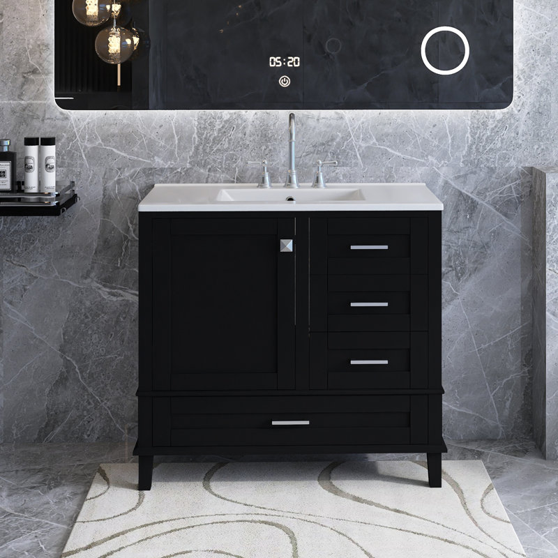 Meuble-lavabo moderne en MDF avec porte à fermeture douce et tiroirs, Noir, Argent