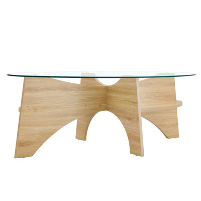 Oval Tempered Glass Coffee Table - 41.3"X23.6" Multi-Functional Design.Oval Tabletop.Natural Wood Color Diagonal Fan-Shaped Tray Design Table Leg.Suitable For Dining Rooms, Living Rooms, Offices.
