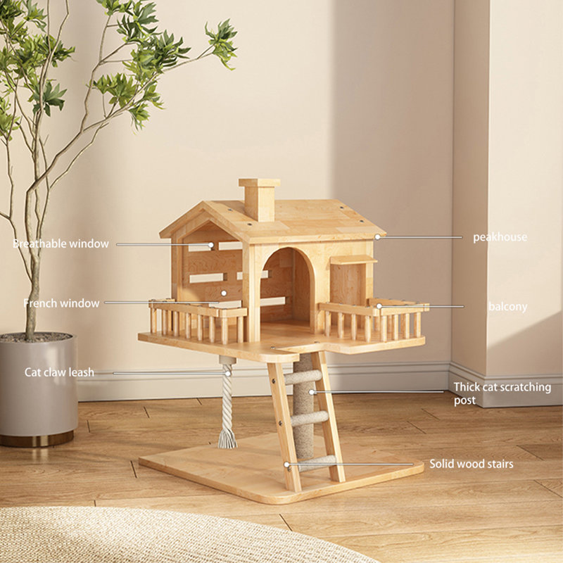 Minimalist Small Rubber Wood Cat Tree for Home Use