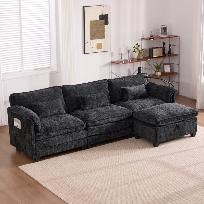 112" Oversized L-shaped Chenille Cloud Sectional Sofa – Modular Sleeper With Movable Storage Ottoman & Smart Charging, Black