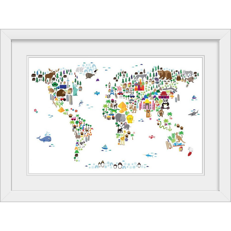 « animal map of the world », impression, Cadre blanc, H 24 po x l 32 po x P 1 po