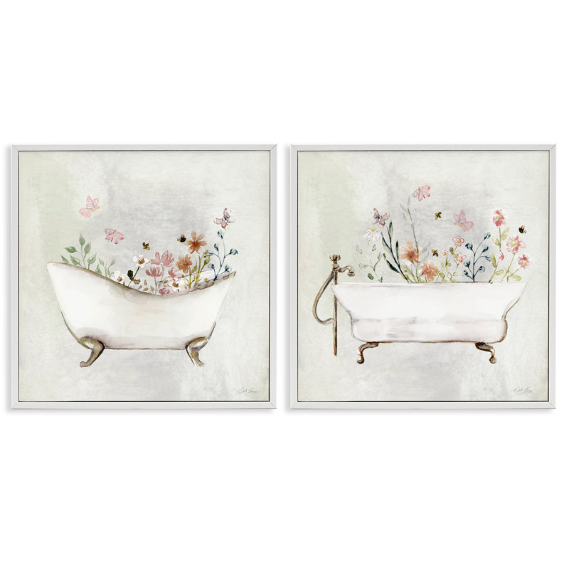 «Clawfoot Flower Garden Bees», ensemble de 2 giclées par Stella Chang, Estampe numérique encadrée blanc bord de mer