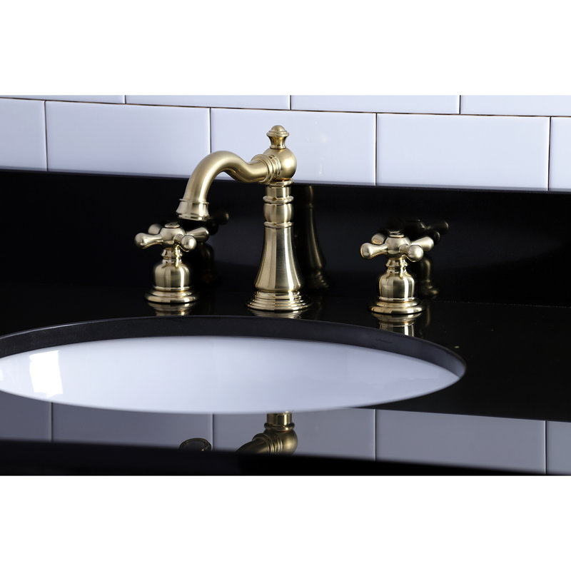 Kingston Brass American Classic Two-Handle 3-Hole Deck Mount Widespread Bathroom Faucet with Pop-Up Drain, Satin Brass