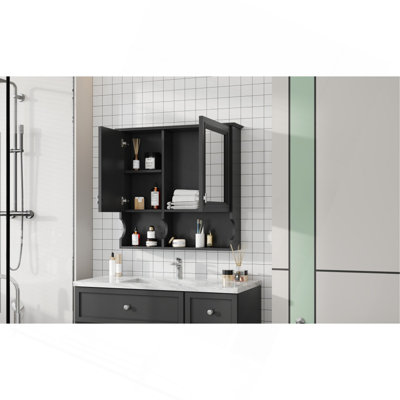 Armoire à pharmacie à miroir de 30 pouces avec tablettes ouvertes, rangement mural mural avec portes et miroir, tablette réglable, armoire de rangement pour salle de bain au-dessus de la toilette