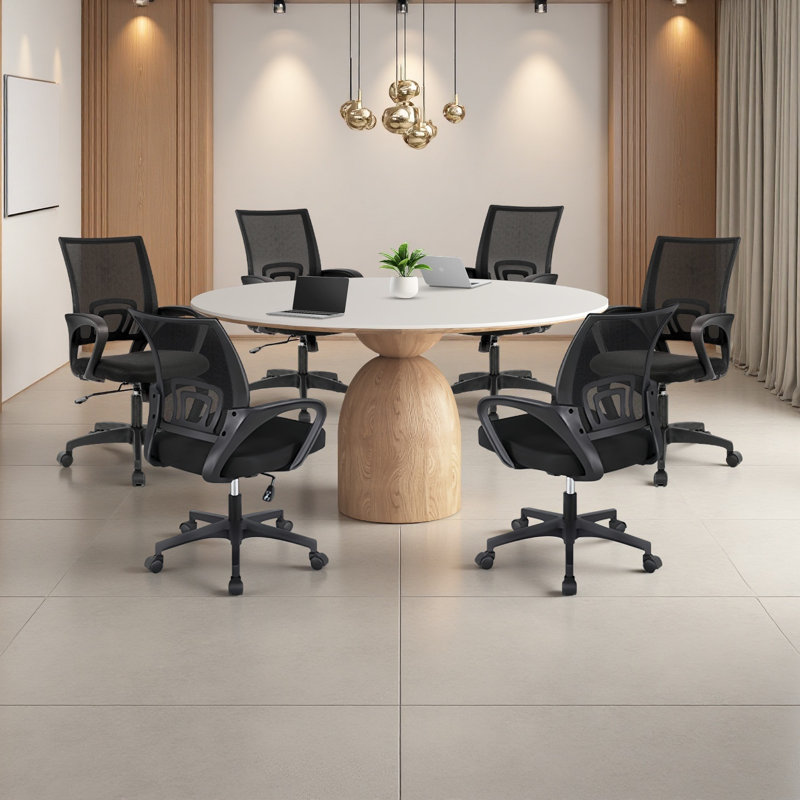 Ensemble de table de conférence ronde en granit pour 6 personnes, jumelé à des chaises de bureau noires