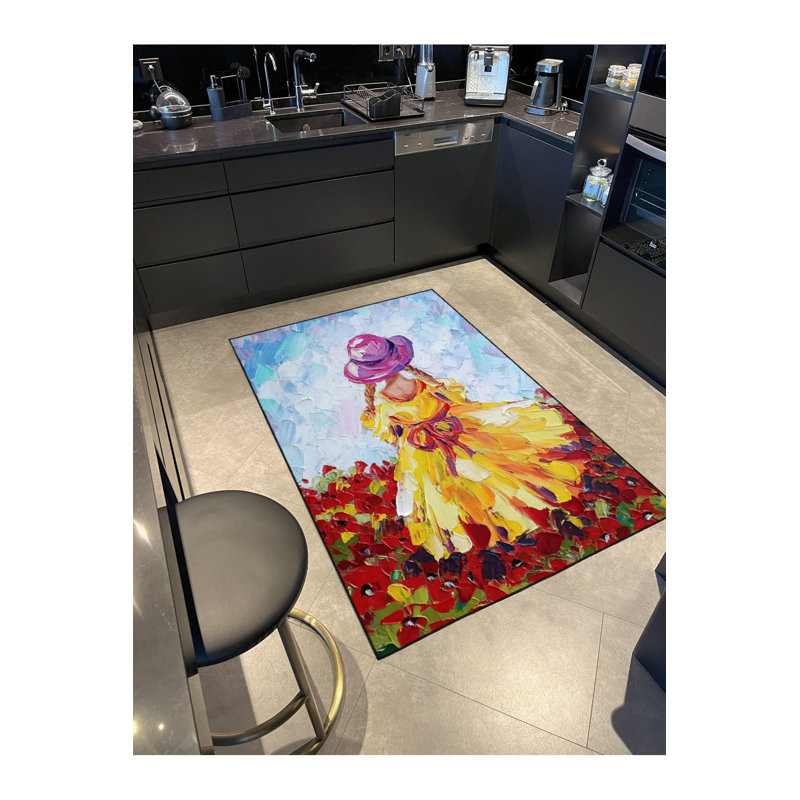Yellow Skirt Girl Colourful Patterned Woven Base Washable Rug, Square 3'3" Rug Pad Included