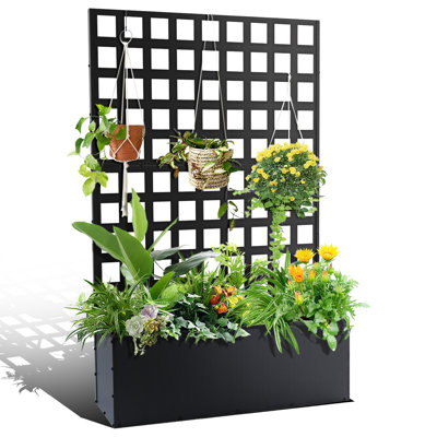 1Pcs Galvanized Sheet Metal Flower Pot Box Garden Bed with Trellis Privacy Screen Outdoor Planter Box for Climbing Plants, Vegetables & Vines Patio Gardening