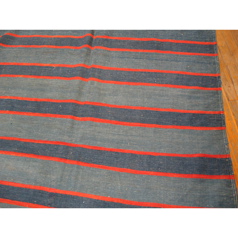 Antique Huge Oversized Striped Blue Color Indian Dhurrie Carpet