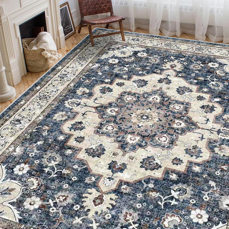 Washable Hallway Rug: Oriental Non-Slip Rugs for Entryway Living Room Floral Stain Resistant Long Kitchen Bathroom Carpets Accent Low Pile Floor Mat for Dining Room Bedroom (Blue)