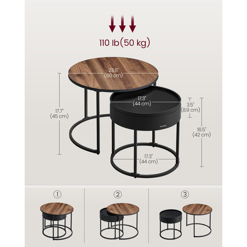 Nesting Coffee Tables with Hidden Storage and Top Tray, Brown/Ink Black