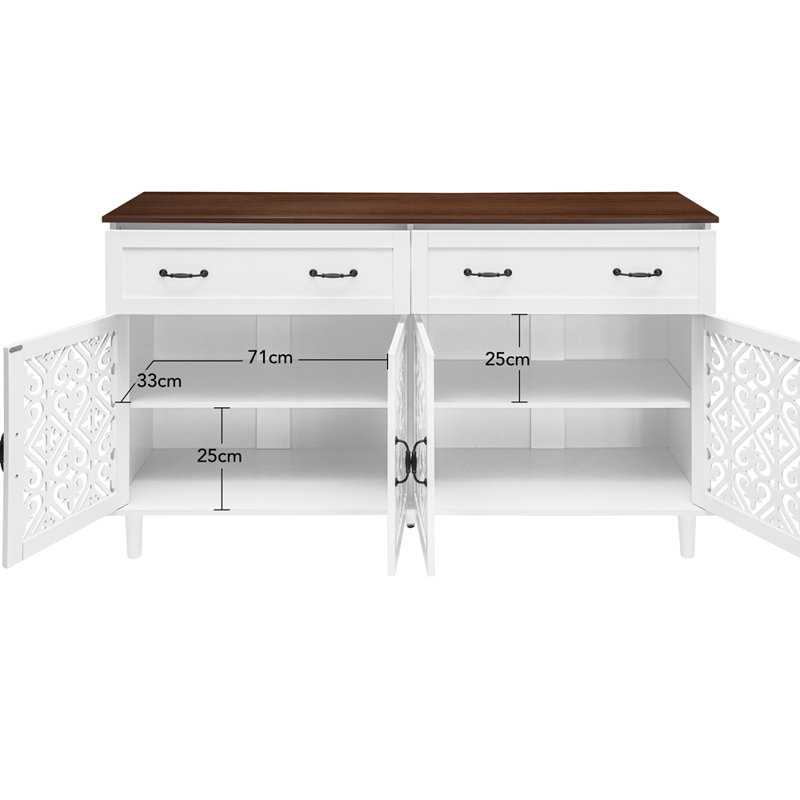 Buffet rétro avec portes géométriques sculptées à la main, finition en bois clair patiné avec design contrastant, armoire de rangement à 2 tiroirs et 4 portes, pieds réglables, base surélevée pour un nettoyage facile