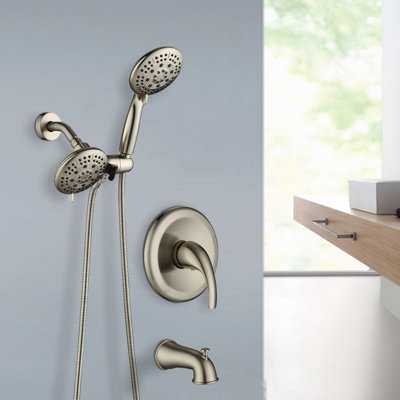 High 6 Function Rain Shower Head With Single Handle And Handheld - Wall Mounted, Fixed, Double Spray Patterns, All Metal Tub Spout Rough In Valve, 1.8 Gpm Flow, Brushed Nickel Abs , Spout,