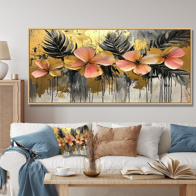 Muntajar, danse tropicale dorée des coquelicots II - coquelicots, art mural, H 28 po x l 60 po, Impression encadrée flottante