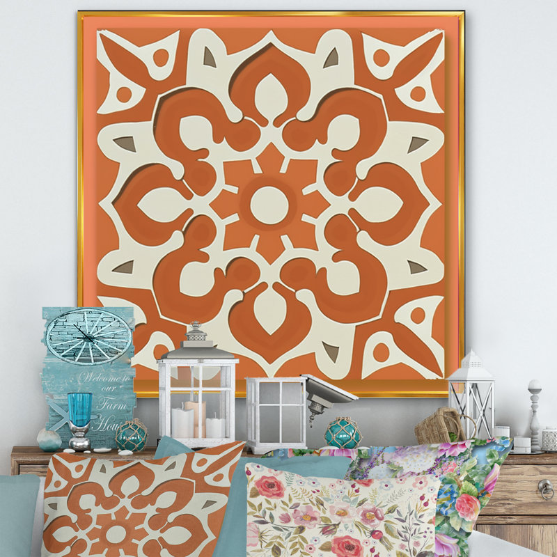 «Moroccanan Tiles In Earth Tones IV», reproduction sur toile, L 36 po x H 36 po, Toile avec cadre flottant or
