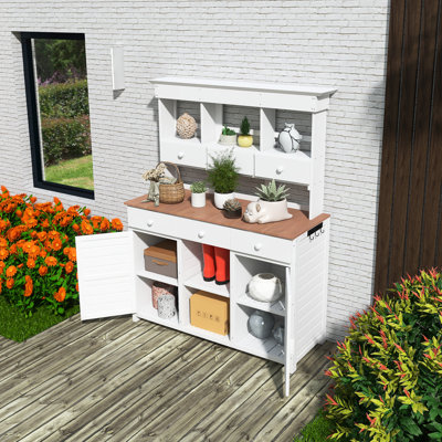Table de jardin avec banc de jardin avec huche, poste de travail de rangement pour patio avec 3 tablettes, 6 tiroirs, 2 armoires inférieures et crochets latéraux, blanc