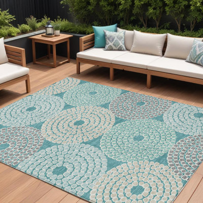 Tapis bleu sarcelle à motif géométrique beige et gris 9 'X 12'