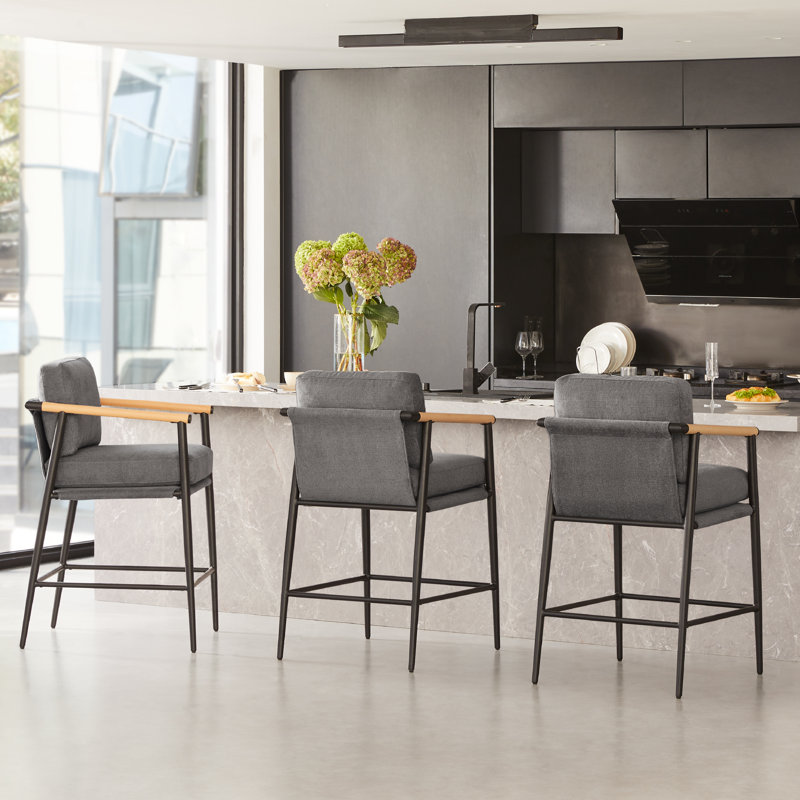 Gray Upholstered Counter Stools with Metal Frame and Wooden Armrests, Set of 2