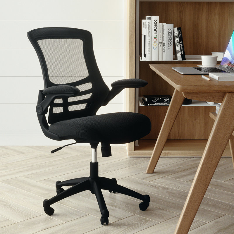 Jayetta Mid-Back Mesh Swivel Ergonomic Office Chair with Flip-Up Arms, Black, Black