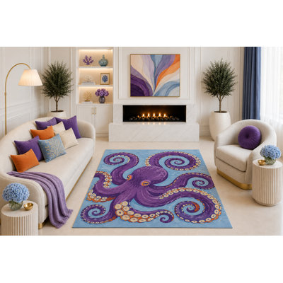 Tapis de pieuvre mauve «Ultra Léger» 5 pi x 7 pi, art de la mer fantaisiste, bord de mer, bleu clair pour salon, maison de plage, envers en silicone antidérapant
